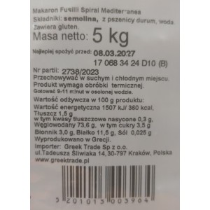 Makaron świderki 5 kg Mediteranea FUSILLI