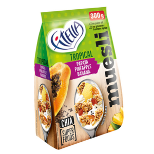 Fitella Musli chrupkie tropikalne z papają, ananasem, bananem i nasionami chia 300g