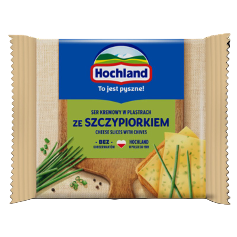 Hochland ze szczypiorkiem. Ser kremowy topiony w plastrach ze szczypiorkiem 130g