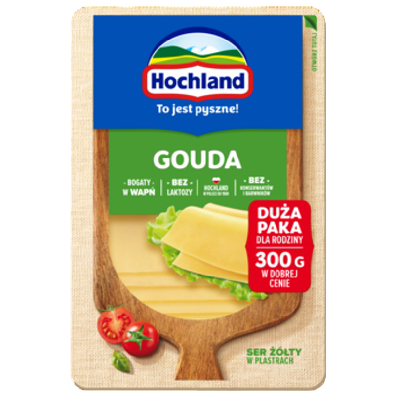 Hochland Gouda ser żółty w plastrach. Ser podpuszczkowy dojrzewający 300g