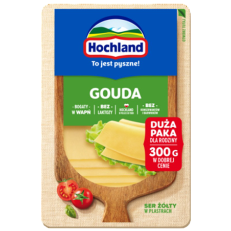 Hochland Gouda ser żółty w plastrach. Ser podpuszczkowy dojrzewający 300g