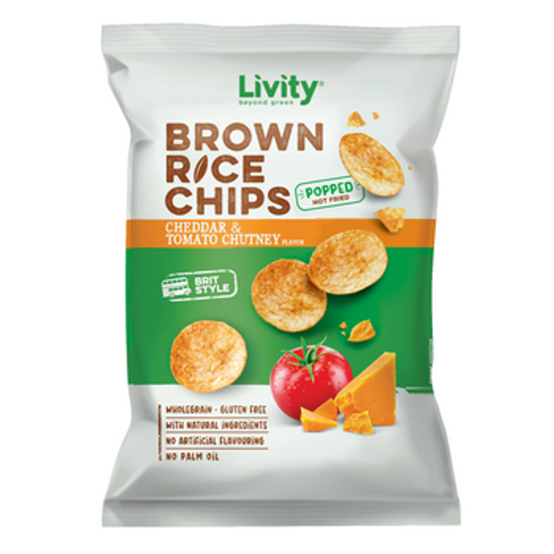 LIVITY Chipsy ryżowe pełnoziarniste o smaku sera Cheddar z pomidorowym sosem chutney 60g