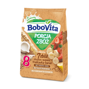 BoboVita Porcja Zbóż Kaszka mleczna 7 zbóż zbożowo-owsiana truskawka-banan po 8 miesiącu 210 g