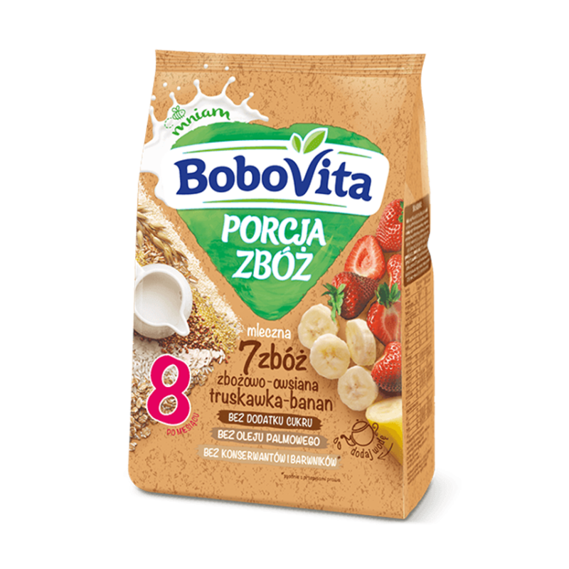 BoboVita Porcja Zbóż Kaszka mleczna 7 zbóż zbożowo-owsiana truskawka-banan po 8 miesiącu 210 g
