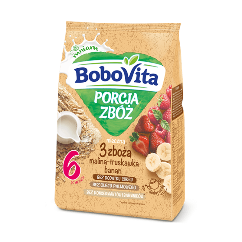 BoboVita Porcja Zbóż Kaszka mleczna 3 zboża malina-truskawka-banan po 6 miesiącu 210 g