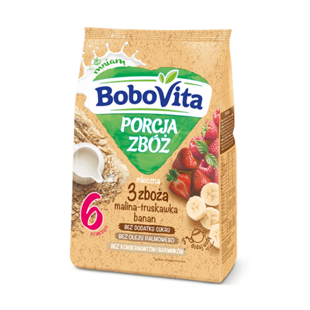 BoboVita Porcja Zbóż Kaszka mleczna 3 zboża malina-truskawka-banan po 6 miesiącu 210 g