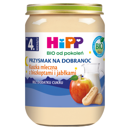 HiPP BIO Przysmak na Dobranoc Kaszka mleczna z biszkoptami i jabłkami po 4. miesiącu 190 g