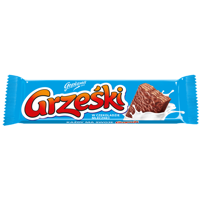Grześki W mlecznej czekoladzie Wafel przekładany kremem kakaowym w czekoladzie mlecznej 36 g