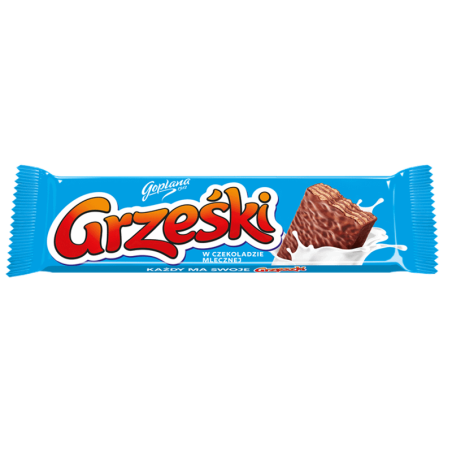 Grześki W mlecznej czekoladzie Wafel przekładany kremem kakaowym w czekoladzie mlecznej 36 g