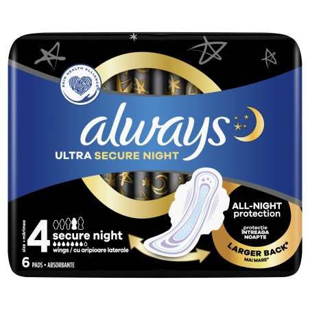 Always Ultra Secure Night Podpaski ze skrzydełkami rozmiar 4 6 szt.