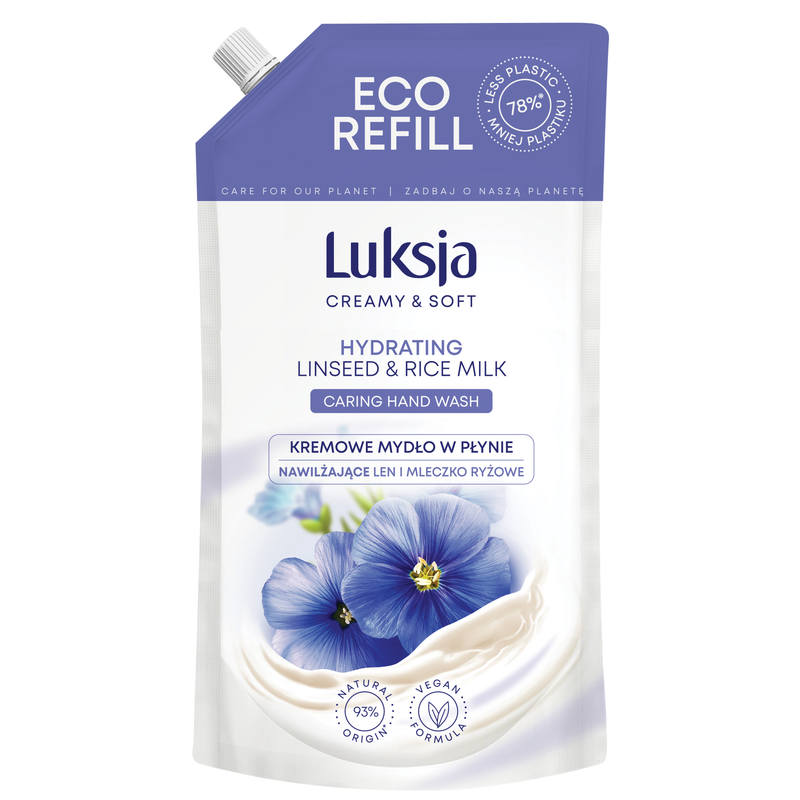Luksja Creamy & Soft Kremowe mydło w płynie Len i Mleczko ryżowe 900 ml opakowanie uzupełniające