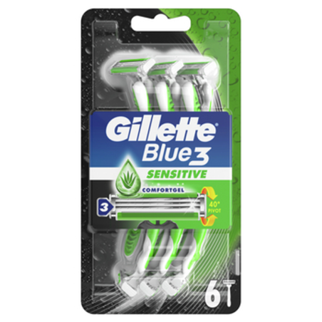 Gillette Blue3 Sensitive Jednorazowa maszynka do golenia dla mężczyzn, 6 sztuk