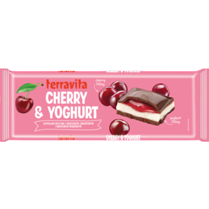 Czekolada Terravita mleczna z nadzieniem wiśniowo-jogurtowym 235g