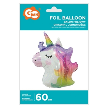 Balon foliowy Jednorożec (głowa), 60 cm, błyszczący