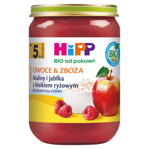 HiPP BIO od pokoleń, Maliny i jabłka z kleikiem ryżowym, po 5. m-cu, 190 g