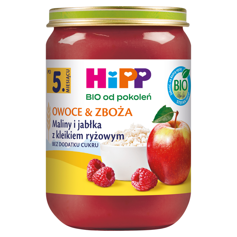 HiPP BIO od pokoleń, Maliny i jabłka z kleikiem ryżowym, po 5. m-cu, 190 g