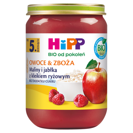 HiPP BIO od pokoleń, Maliny i jabłka z kleikiem ryżowym, po 5. m-cu, 190 g