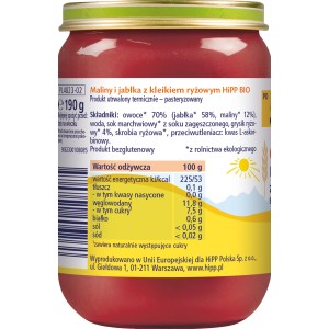 HiPP BIO od pokoleń, Maliny i jabłka z kleikiem ryżowym, po 5. m-cu, 190 g