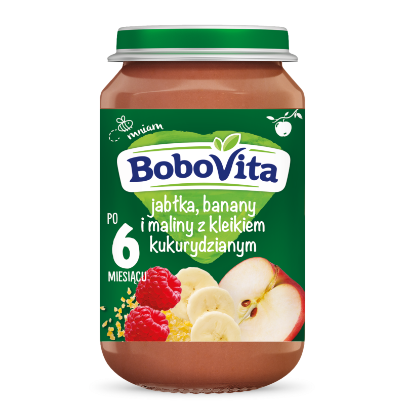 BoboVita Deserek Jabłka, banany i maliny z kleikiem kukurydzianym po 6 miesiącu 190g