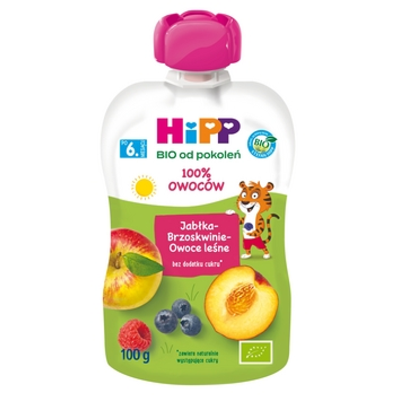 HiPP BIO od pokoleń, Jabłka-Brzoskwinie-Owoce leśne, po 6. m-cu, 100 g