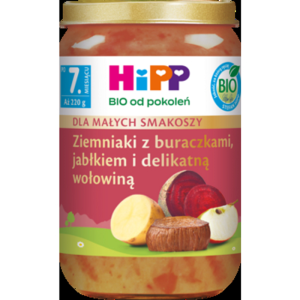 HiPP BIO od pokoleń, Ziemniaki z buraczkami, jabłkiem i delikatną wołowiną, po 7. m-cu, 220 g