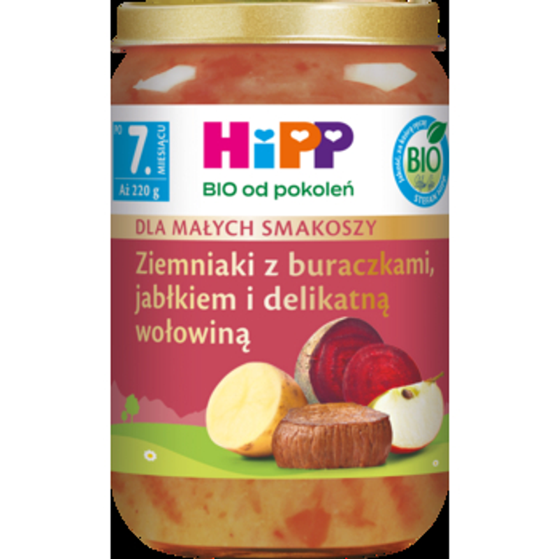 HiPP BIO od pokoleń, Ziemniaki z buraczkami, jabłkiem i delikatną wołowiną, po 7. m-cu, 220 g