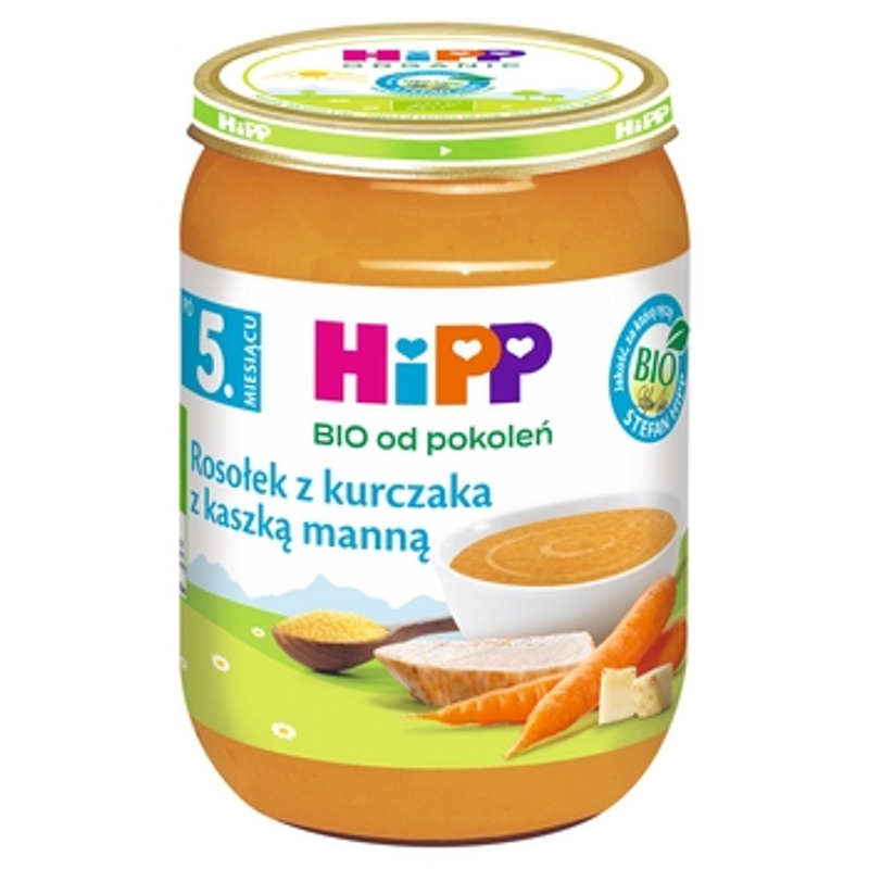 HiPP BIO od pokoleń, Rosołek z kurczaka z kaszką manną, po 5. m-cu, 190 g