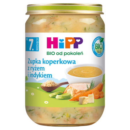 HiPP BIO od pokoleń, Zupka koperkowa z ryżem i indykiem, po 7. m-cu, 190 g