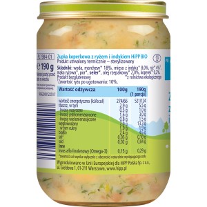 HiPP BIO od pokoleń, Zupka koperkowa z ryżem i indykiem, po 7. m-cu, 190 g