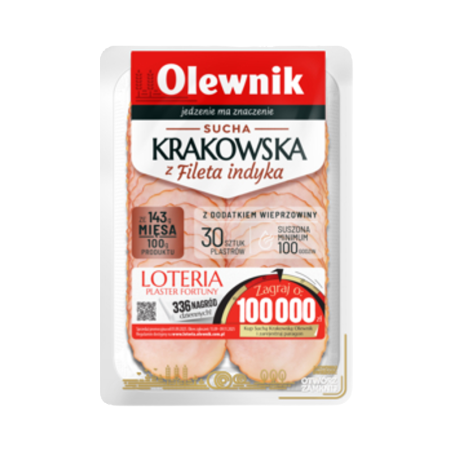Sucha krakowska z fileta indyka z dodatkiem wieprzowiny 90g Olewnik