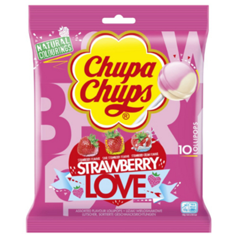 Chupa Chups Lizaki Strawberry Love o smaku truskawkowym, truskawkowo - śmietankowym i kwaśnej truskawki 120g