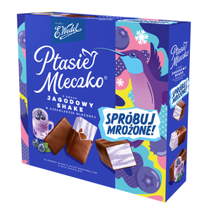 E.Wedel Ptasie Mleczko® o smaku jagodowy shake w czekoladzie mlecznej 340g