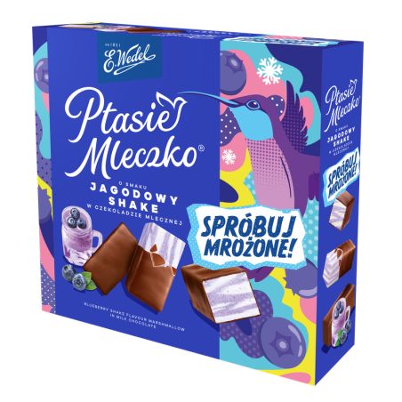E.Wedel Ptasie Mleczko® o smaku jagodowy shake w czekoladzie mlecznej 340g