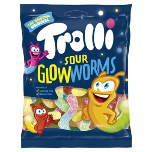 Trolli Sour Glowworms Robaczki Żelki o smaku owocowym w kwaśnej posypce 100g