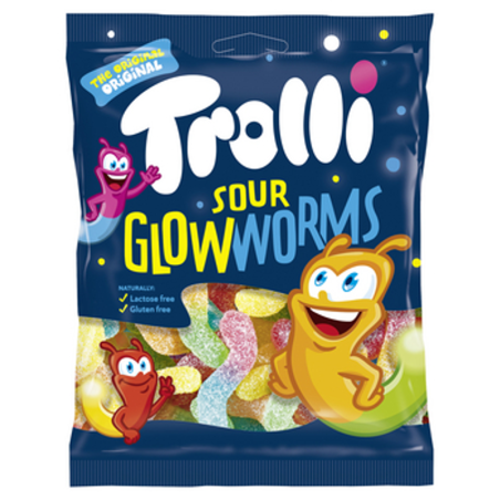 Trolli Sour Glowworms Robaczki Żelki o smaku owocowym w kwaśnej posypce 100g