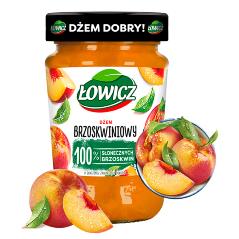 Łowicz Dżem brzoskwiniowy o obniżonej zawartości cukrów 450 g