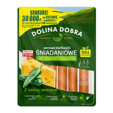 Serowe kiełbaski śniadaniowe ser cheddar + jalapenio 200 g Dolina Dobra