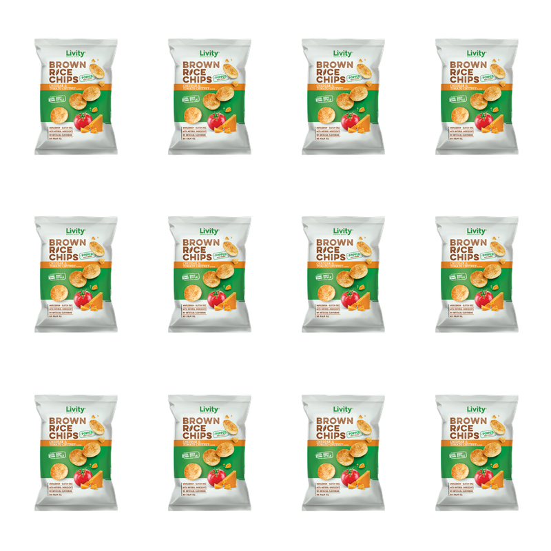 LIVITY Chipsy ryżowe pełnoziarniste o smaku sera Cheddar z pomidorowym sosem chutney 60g X12