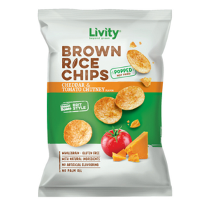 LIVITY Chipsy ryżowe pełnoziarniste o smaku sera Cheddar z pomidorowym sosem chutney 60g X12