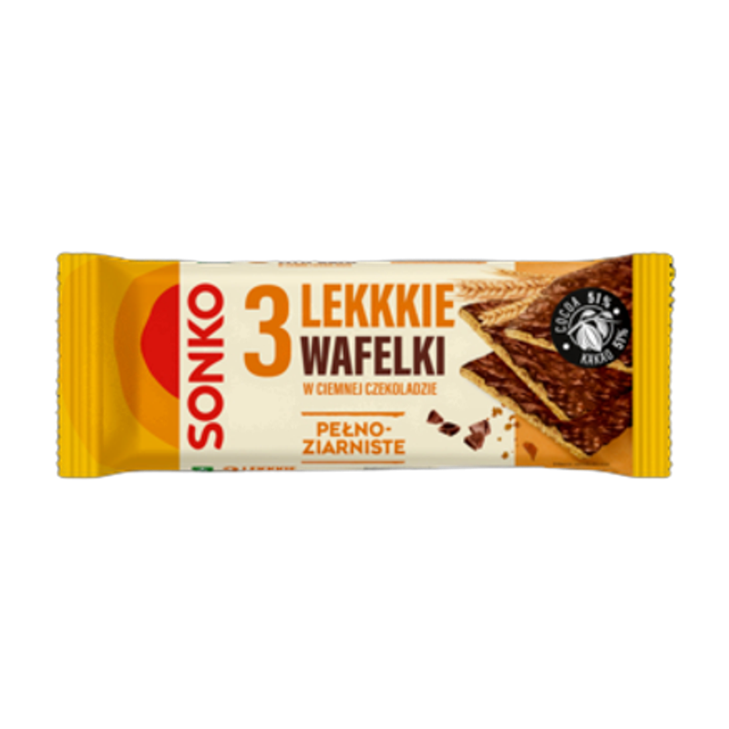 Sonko. 3 Lekkkie wafelki pełnoziarniste w czekoladzie 36 g.