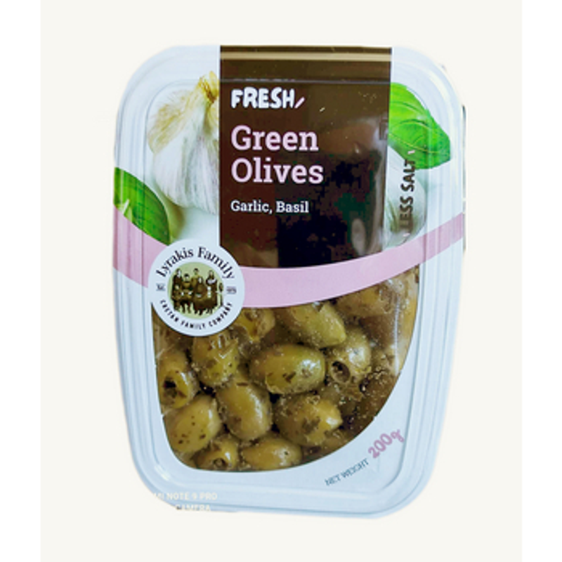 Oliwki zielone drylowane z czosnkiem i bazylią pasteryzowane Fresh Pack 200g Lyrakis Family