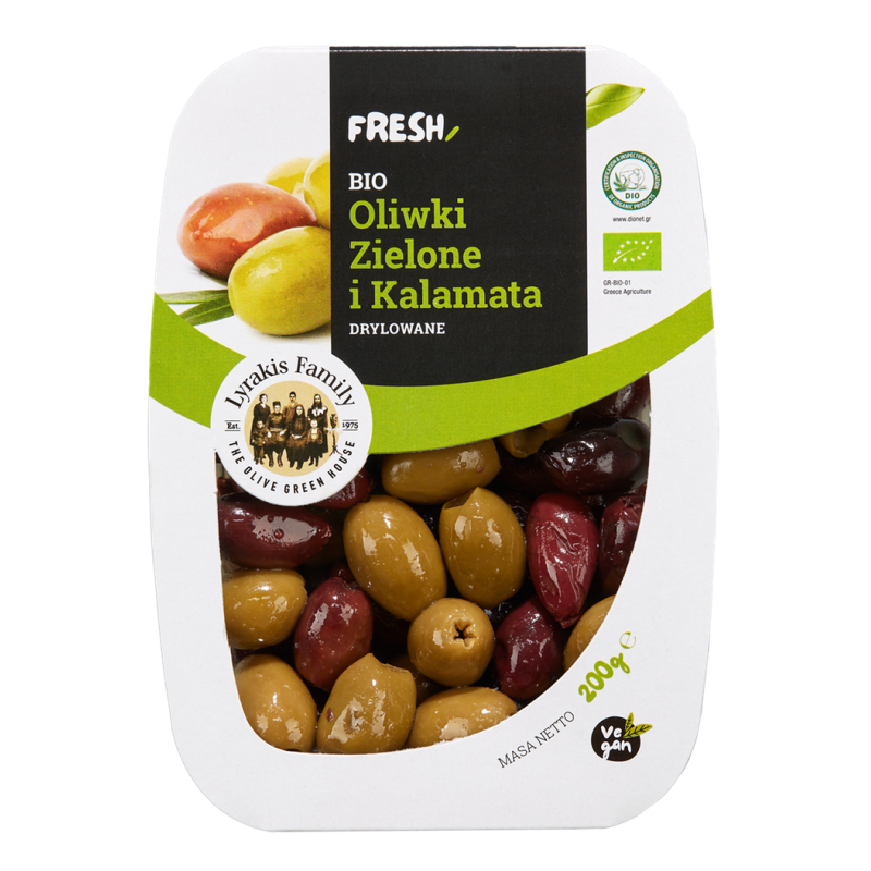 BIO Oliwki zielone i kalamata marynowane - drylowane / Fresh Pack 200g Lyrakis Family
