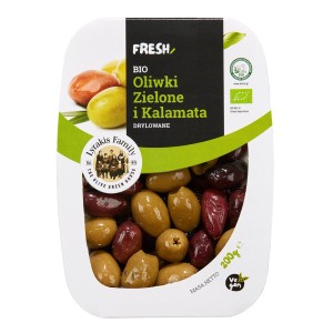 BIO Oliwki zielone i kalamata marynowane - drylowane / Fresh Pack 200g Lyrakis Family