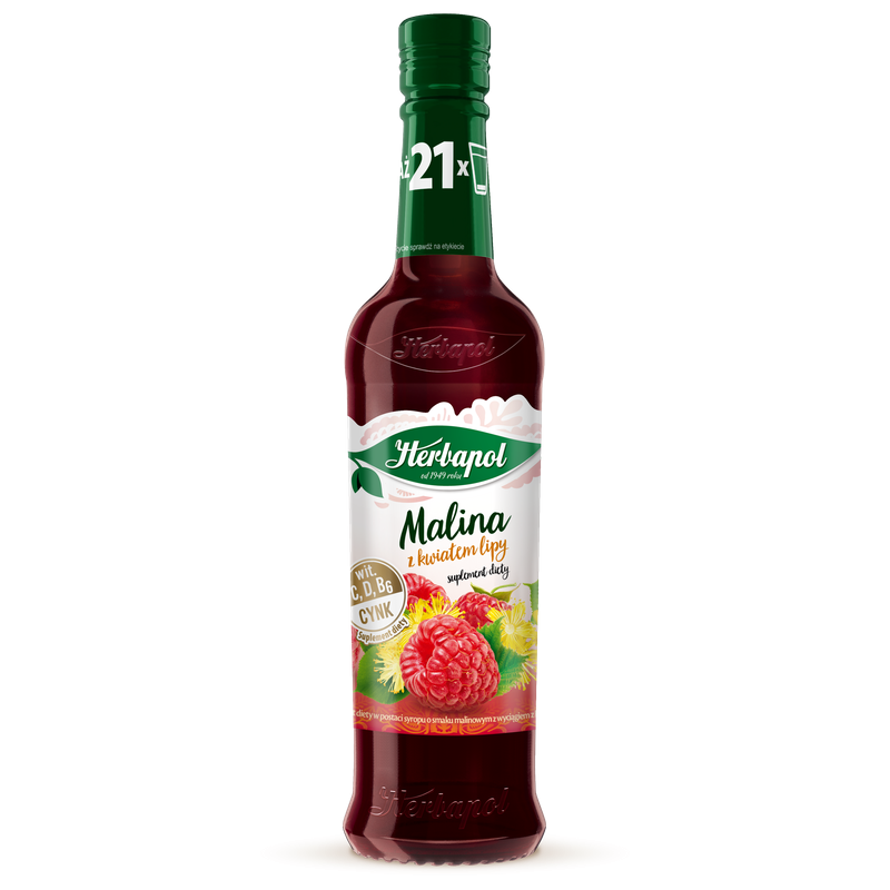 Herbapol syrop owocowy suplement diety malina z kwiatem lipy z wit. D, C, B6 i cynkiem 420 ml