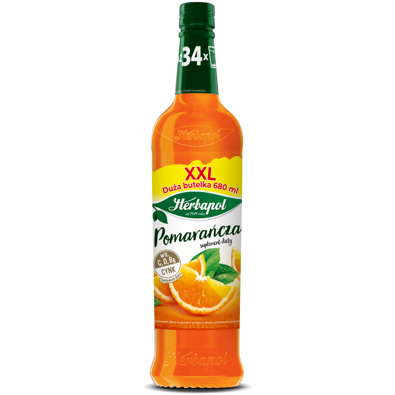 Herbapol Syrop owocowy o smaku pomarańczowym z witaminą C, D, B6 i Cynk, 680ml