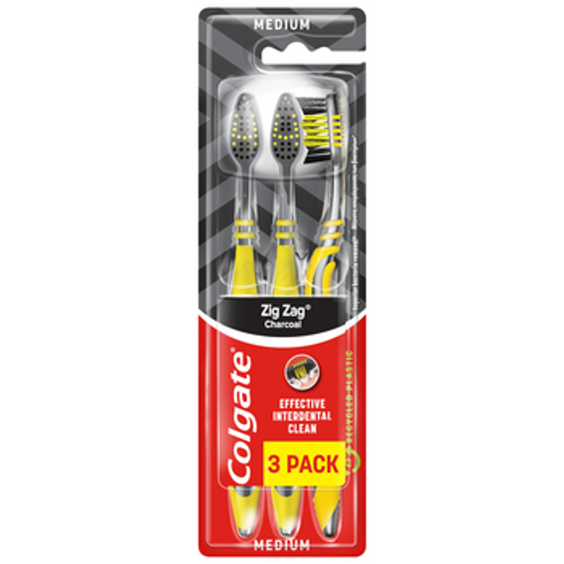 Colgate ZigZag Charcoal Szczoteczka do zębów średnia z węglem aktywnym 3 sztuki