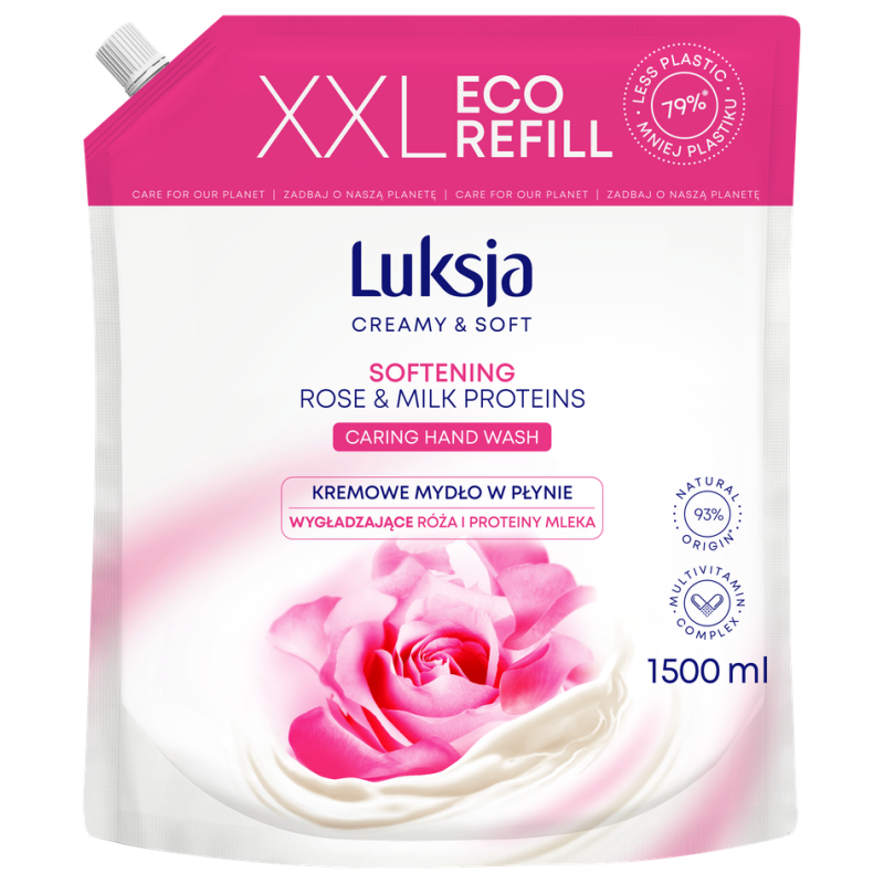 Luksja Creamy & Soft Kremowe mydło w płynie Róża i Proteiny mleka 1500 ml opakowanie uzupełniające