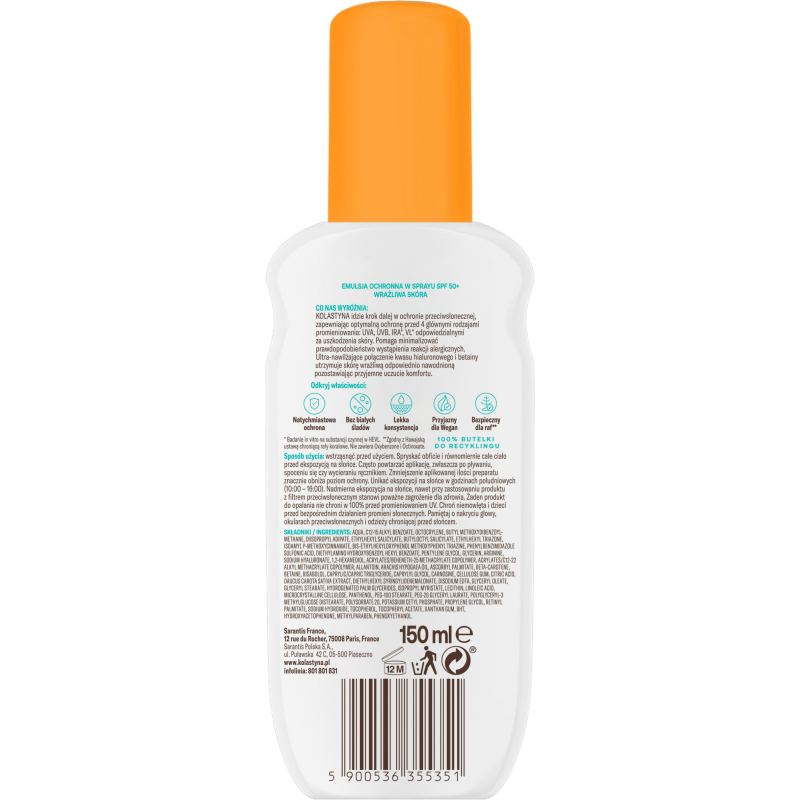 Kolastyna '24 WRAŻLIWA SKÓRA Emulsja do opalania w sprayu SPF50+, 150 ml